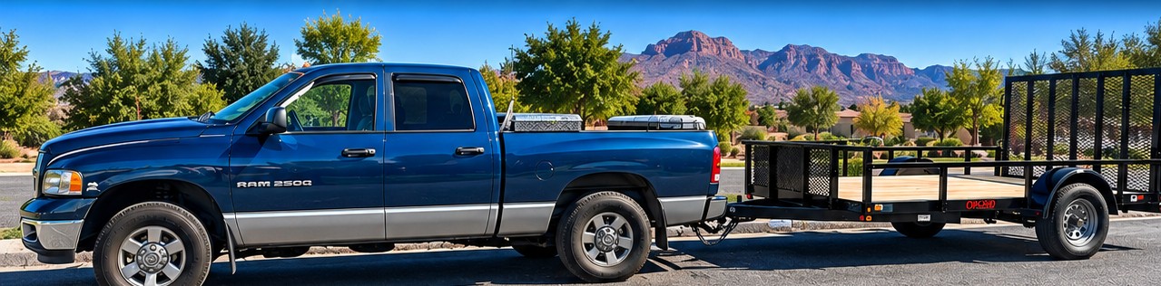 AI-generated promotional illustration of a blue pickup truck towing a flatbed utility trailer